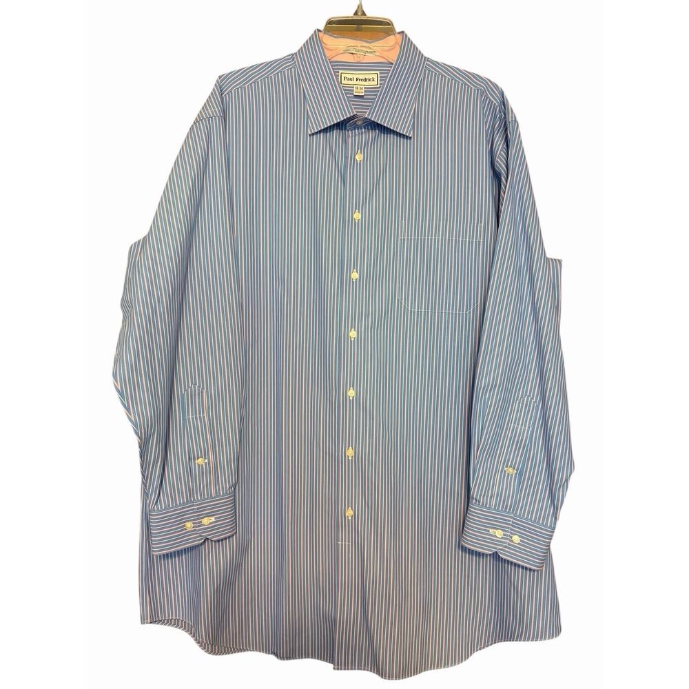 Paul Fredrick Tailored Non-Iron Striped Dress Shirt 18-34 Blue Pink 100% Cotton